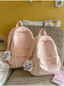 Sac à dos d'école style japonais rose avec pendentif ours pour étudiants voyage quotidien