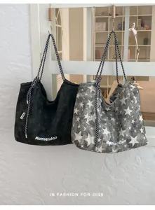 Casual large capacity star print canvas tote bag stylish daily shoulder bag for women