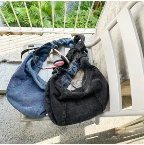 Casual denim hobo shoulder bag, large capacity stylish dumpling bag for women daily commute.
