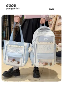 Detailed view of the sweet dopamine star aesthetic itabag backpack set with clear pocket.