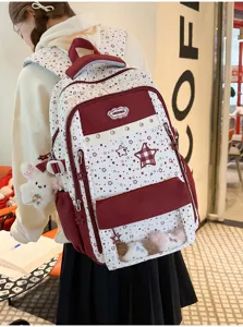 Korean sweet star color-blocked ita backpack with transparent window and cute plush pendants.