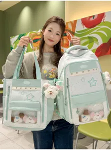 Korean sweet star dopamine ita-bag set with backpack and tote bag for students, light green.