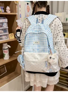 Sac à dos d'écolier à carreaux style coréen avec pois mignons et pendentif ours pour filles.