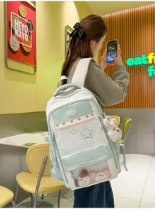 Korean style star colorblock student school backpack itbag with transparent window and plush charms.