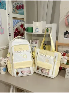 Korean sweet star color-blocked school backpack and tote bag set for students with clear window.