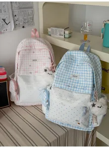 Sac à dos d'école à carreaux mignon pour femme style Harajuku décontracté doux sac