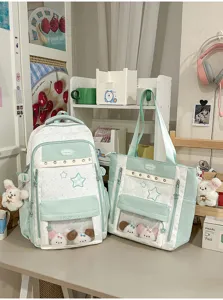 Korean sweet star dopamine itabag set, color block backpack and tote bag for students.