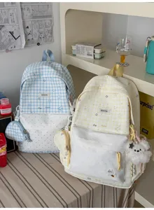 Joli sac à dos à carreaux pour femmes, style campus décontracté sac à double épaule avec pochette.