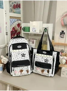 Korean sweet star dopamine ita bag set, cute black white color block backpack and tote bag.