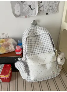 Sac à dos à carreaux Harajuku coréen, cartable étudiant mignon avec poche et pendentif.