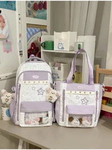 Detailed view of cute Korean style star pattern ita backpack and tote bag set with transparent pocket.