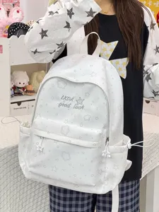 Vista detallada de la mochila blanca, bonito patrón de estrellas, mochila casual para estudiantes.