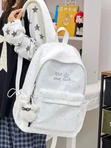 Mochila blanca casual para estudiantes, gran capacidad elegante bolsa escolar con lindos dijes.