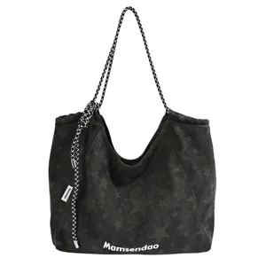 Women large capacity star tote bag casual simple single shoulder handbag black canvas daily.