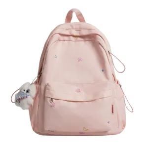 Sac à dos rose mignon pour femme, cartable japonais avec broderie d'étoiles et pendentif.