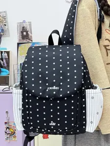 Zwarte sterren patroon nylon rugzak casual schooltas met handige trekkoord zakken.