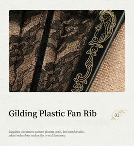 Vue détaillée de l'éventail pliant en dentelle chinoise avec dentelle noire et nervures.