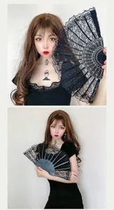 Éventail pliante en dentelle noire élégant accessoire de danse rétro pour la photographie