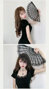 Élégant éventail pliant en dentelle noire pour la danse et accessoires photo style chinois.