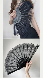 Éventant pliable en dentelle noire élégant style chinois accessoire de danse rétro