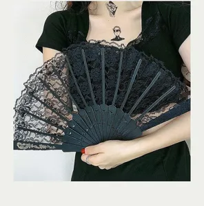 Eventail pliable en dentelle noire style chinois accessoire de danse vintage pour femmes