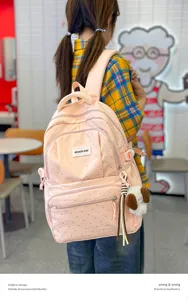 Sac à dos d'école rose à pois mignons pour filles, sac d'étudiante esthétique décontracté.