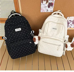 Sac à dos d'école à pois en toile avec joli pendentif chiot, sac de jour décontracté.