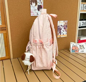 Vue détaillée d'un joli sac à dos rose à pois avec poches latérales et charmant peluche chiot.