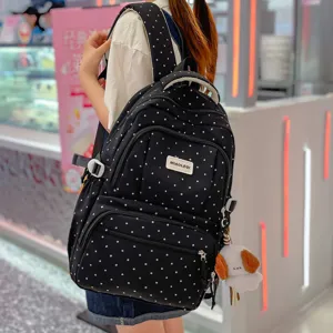 Black polka dot canvas backpack for women school student casual travel daily daypack bag