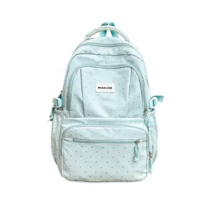 Light blue polka dot backpack for school girls, casual cute student bookbag with multi pockets