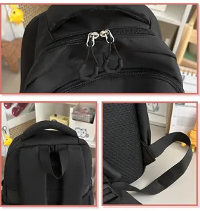 Nahaufnahme des schwarzen Rucksacks mit langlebigen Reißstoffen und atmungsaktivem Rücken.