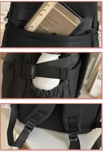Nahaufnahme der Details des schwarzen Rucksacks mit Taschen, Seitengurten und Schnallen.