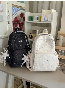 Casual student backpack with cute star print and star charm, spacious and lightweight.