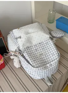 Sac à dos en toile à carreaux doux pour filles, design d'étoiles et de pois, cartable décontracté.