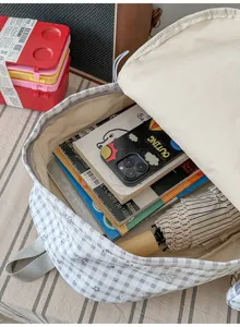 Sac à dos d'école à carreaux littéraire pour femmes, grand sac de campus décontracté.
