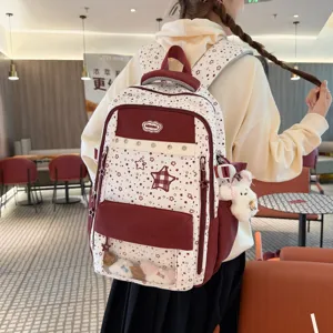 Korean sweet style star colorblock backpack, cute student school bag with clear window and charm.
