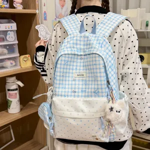 Cartable à carreaux bleu mignon pour filles, sac à dos en toile style Harajuku décontracté avec pendentif.