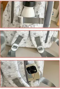 Vue détaillée du sac à dos gris chiné avec motif d'étoiles, bretelles larges et poches pratiques.