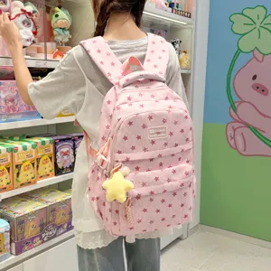 Sac à dos rose à étoiles pour étudiants, cartable scolaire coréen élégant avec larges bretelles.