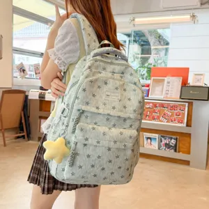 Sac a dos en toile style coreen avec motif etoiles, sac ecole decontracte pour etudiants