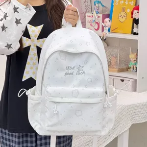 Mochila de lona blanca bolso escolar casual gran capacidad estilo lindo patrón de estrellas diario