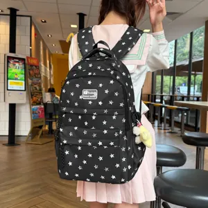 Sac à dos noir style coréen avec motif étoiles et bretelles larges pour étudiants