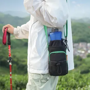 Outdoor hiking crossbody water bottle bag with black and green color block design, casual style.