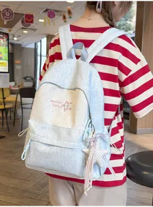 Sac à dos d'école en toile bleu clair et blanc mignon décontracté pour ados.