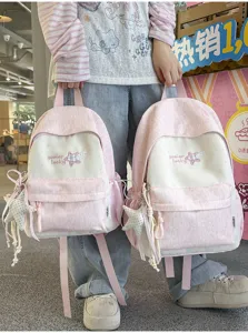 Sac à dos scolaire rose et blanc avec broderie d'étoile, grande capacité, sac mignon.