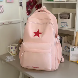 Süßer rosa Schulrucksack für Teenager Mädchen mit rotem Stern Design lässiger Freizeit Rucksack