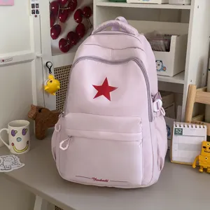 Rosa Schüler Rucksack mit rotem Stern Print, stilvoller lässiger Alltagsrucksack.