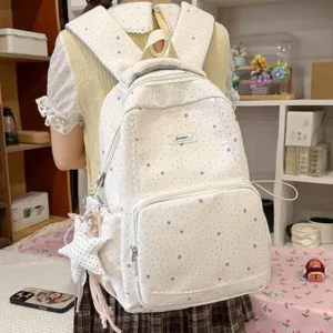 White star pattern casual student backpack with large capacity for teen girls school.