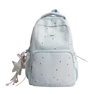 Light blue star print student school backpack large capacity casual daypack for girls.