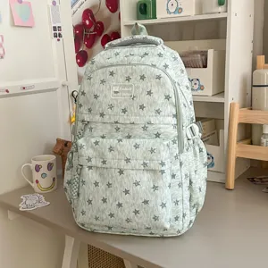 Sac à dos étudiant étoile chiné vert clair, cartable décontracté larges bretelles.